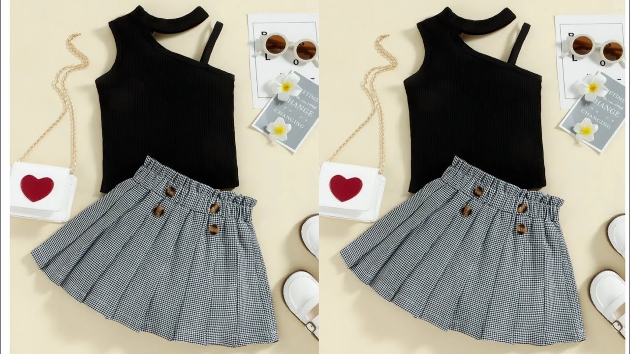 Asymmetrical Neck Tank Top With Paperbag Waist Pleated Skirt Cutting and Stitching