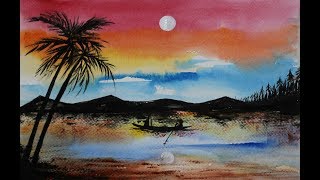 sunset landscape easy tutorial step watercolors