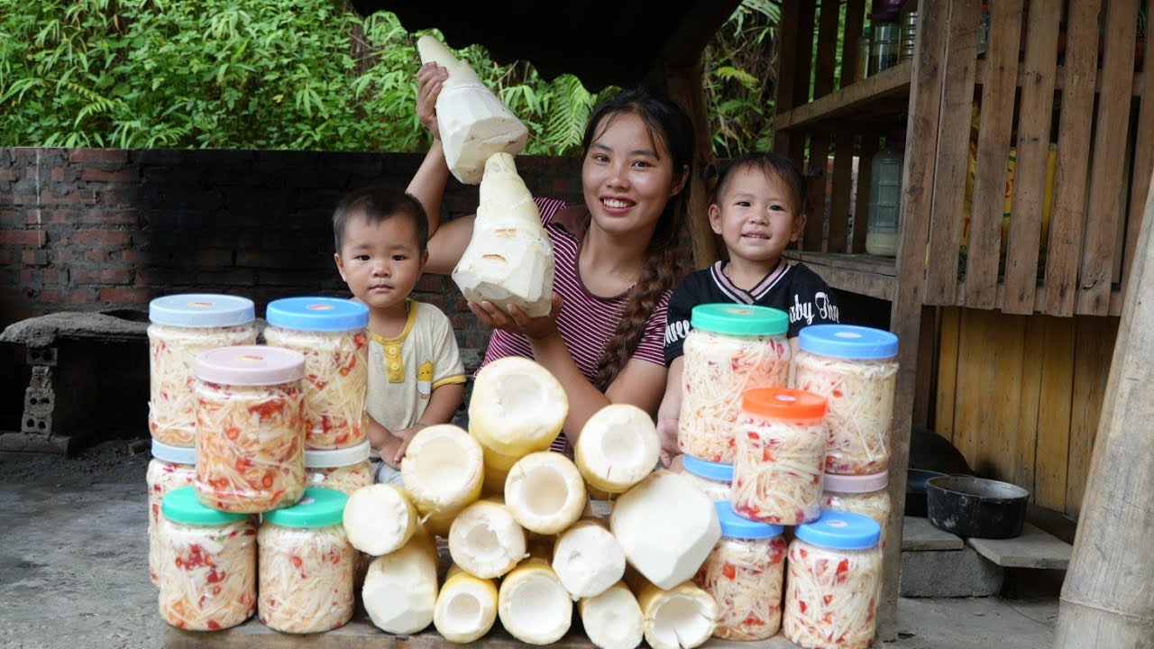 How to pick giant bamboo shoots to make pickled bamboo shoots with chili with my little daughter