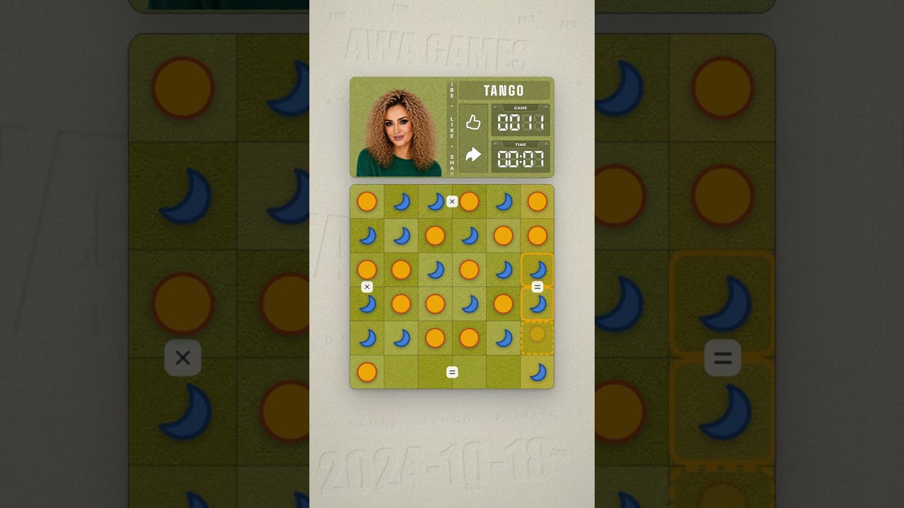 LinkedIn Tango #11 solved board for October 18, 2024, 6x6 grid