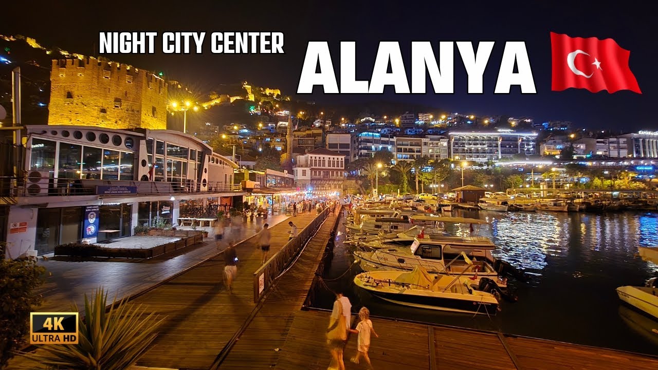 АЛАНИЯ Ночной центр города | Порт, рестораны, огни и прогулка [4K HDR]