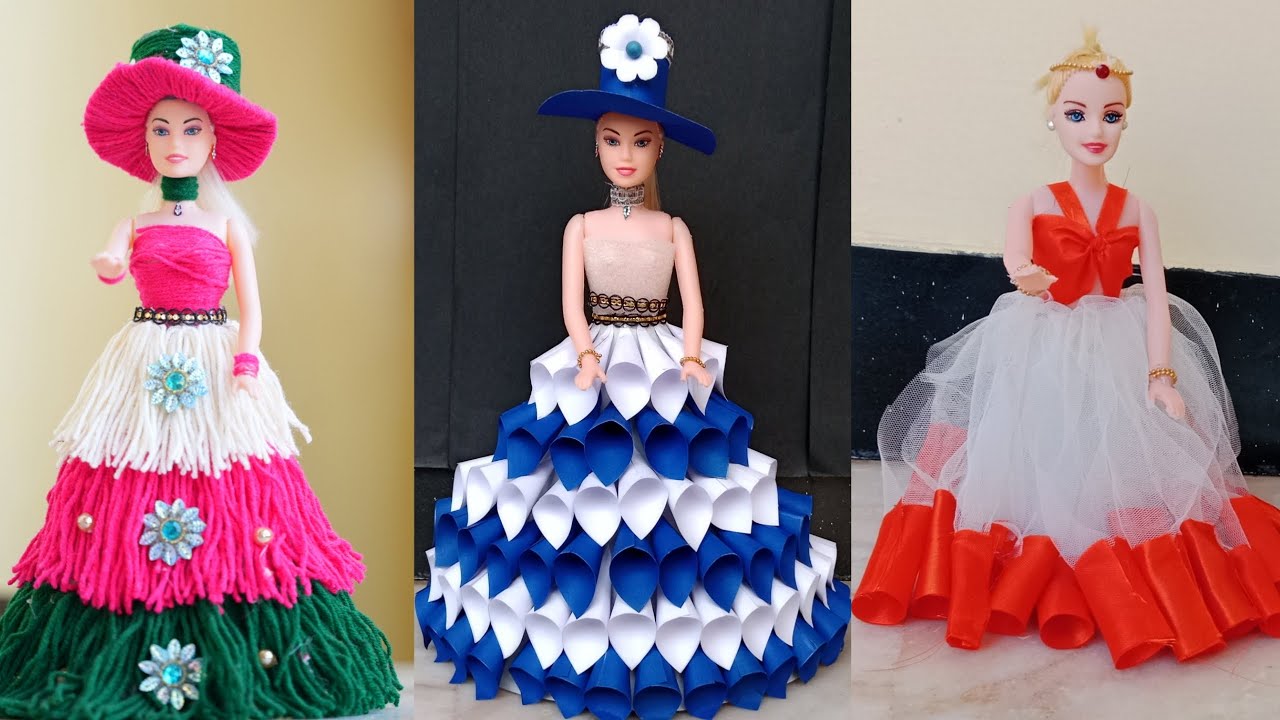 Doll dressing with woole & paper crafts I easy dress craft ideas Bs