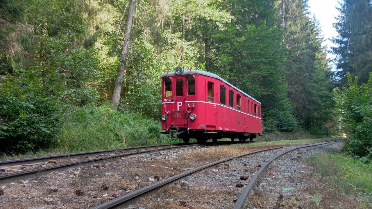 ČHŽ - Pohled strojvedoucího na trať Čierny Balog - výhybna Šanske s motorovým vozem M21.004