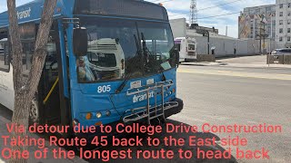 (Back East long+detour) Saskatoon Transit Route 45 (805) Downtown Terminal North to 115th/Kenderdine
