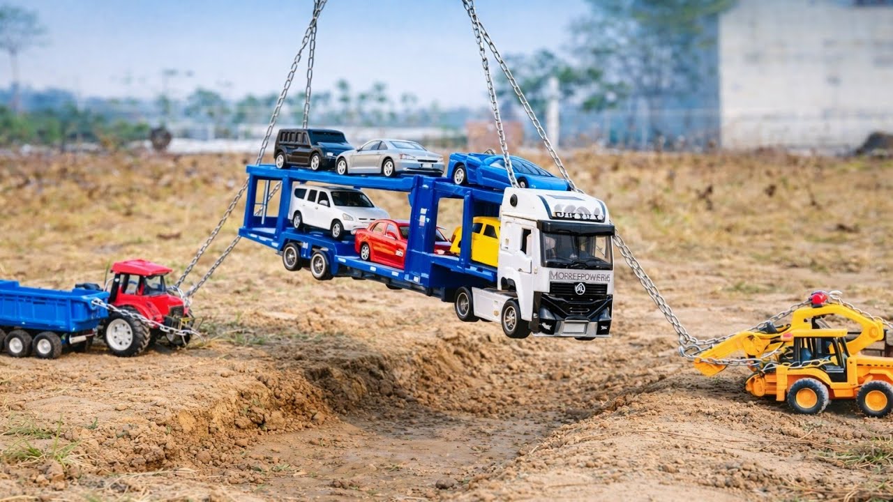 ⚡ Big Car Transporter Truck Rescue! Tractor and Loader Action 🚜🚛