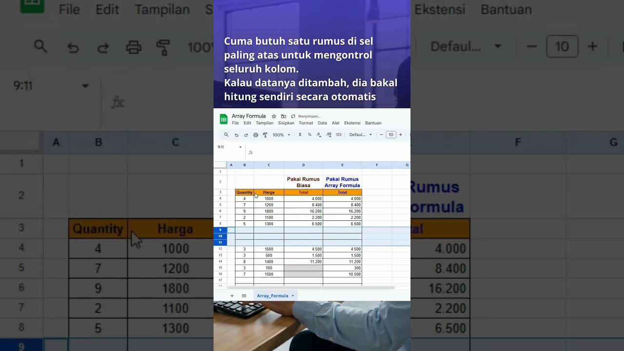 Rumus Excel google sheet  spreadsheet Array formula. 