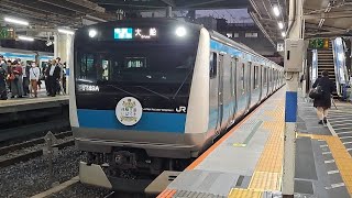 E233系1000番台宮サイ111編成(茨城ディスティネーションキャンペーンHM掲出)が各駅停車大船行きとして南浦和駅2番線を出発(1749A) 2023/10/16