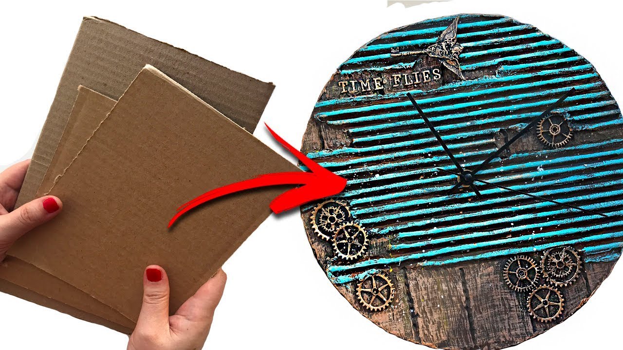 DIY cardboard clock wall decor Wood imitation Cardboard idea YouTube