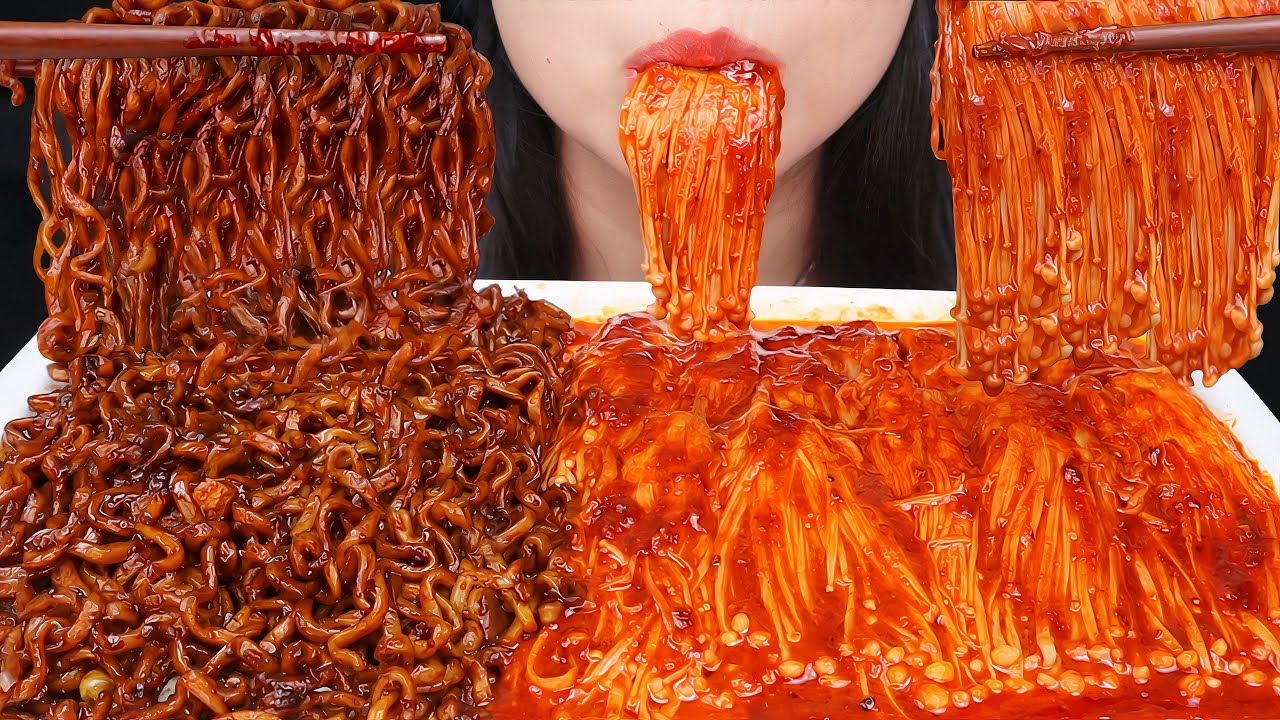 ASMR SPICY ENOKI MUSHROOM 🔥 SPICY BLACK BEAN NOODLE SAMYANG JJAJANG | MUKBANG ASMR EATING SOUNDS