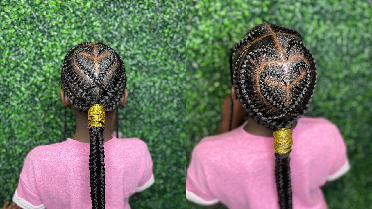 Low Feed in ponytail with heart design |heart braid |stitch braids