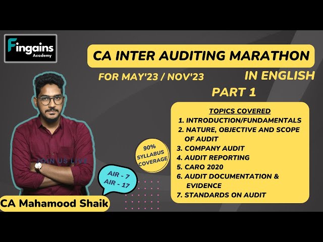 CA INTER AUDITING MARATHON PART - 1 (IN ENGLISH) | For May 2023 u0026 Nov 2023 | CA Mahamood Shaik class=