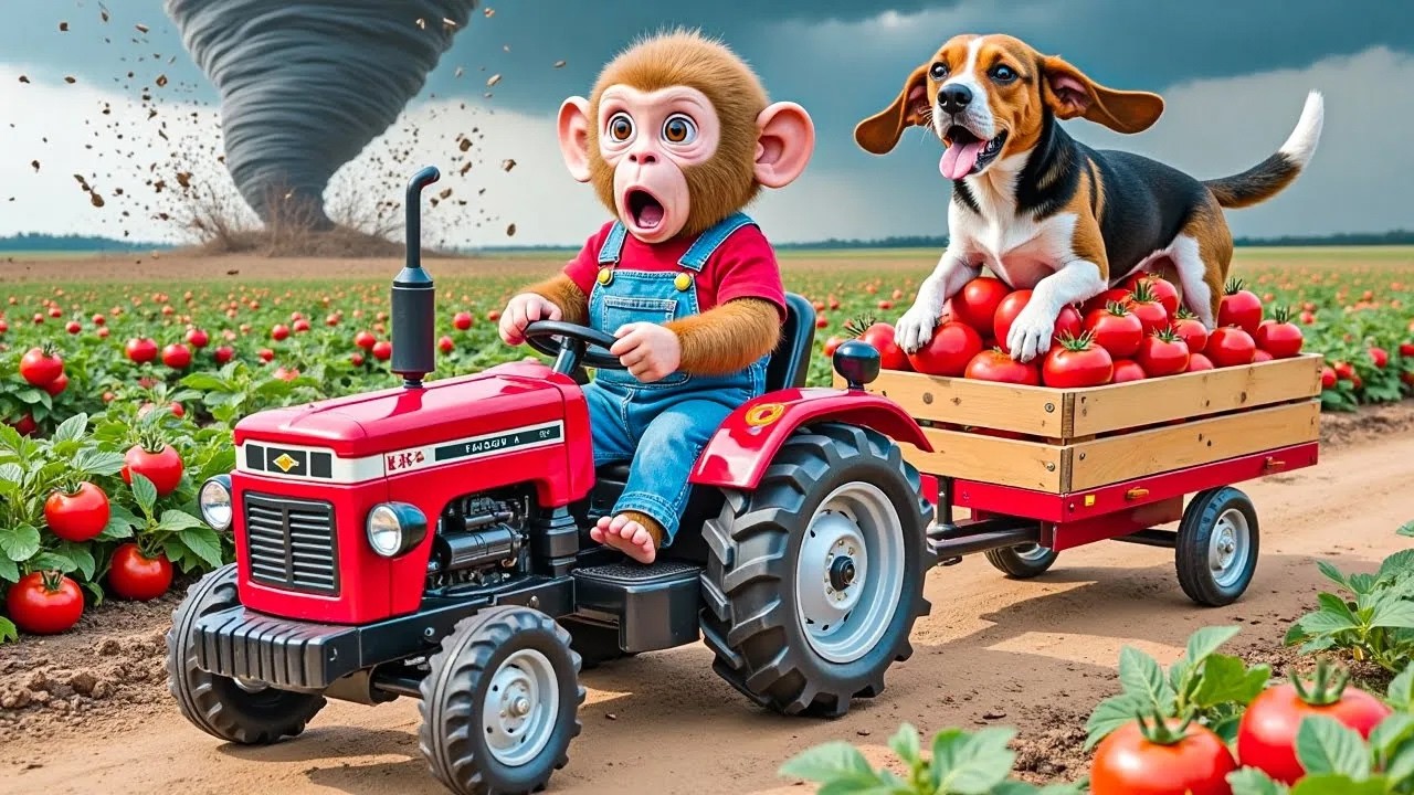 Monkey BoBo Tomato Harvest Turns into DISASTER—A Tornado Strikes, He Rescues a Dog Trapped in Mud!