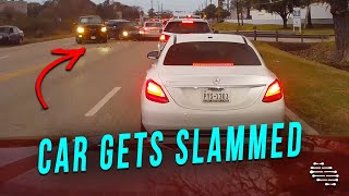 Car Tries to Skip Two Lanes but Hits a Car Then Gets Slammed by an Oncoming Vehicle