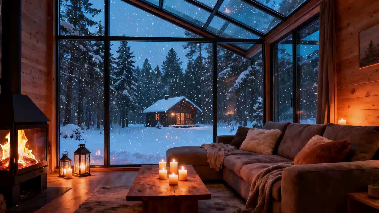 Urban Winter Skyline 🔥 Fireplace Warmth and Falling Snow