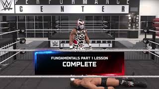 WWE 2K26 : "32." : "PERFORMANCE CENTER" : "FUNDAMENTALS PART 1 LESSON COMPLETE" : "GAME CLIP!"