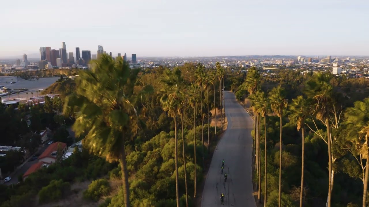 Drone of Elysian Valley, LA City Skyline + Dodger Stadium at Sunrise