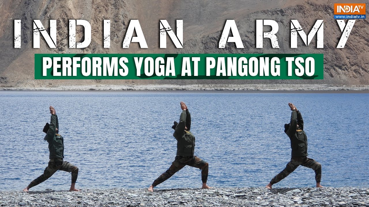 Indian Army personnel perform Yoga at Ladakh's Pangong Tso Lake 