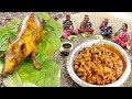 how they clean PIG MEAT and cooking by santali tribe people for eating with hot rice||pig meat curry