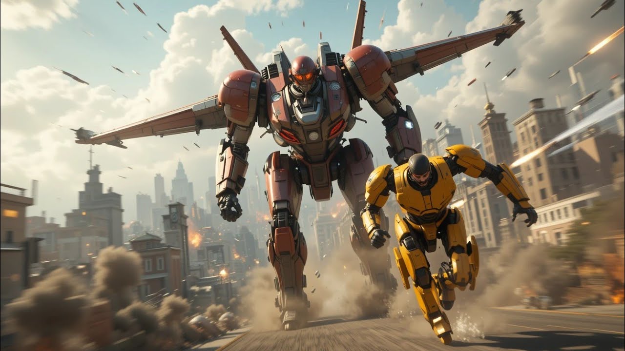 Red and Gold: High-Tech Exosuit Meets Massive Mech in Urban Showdown ...
