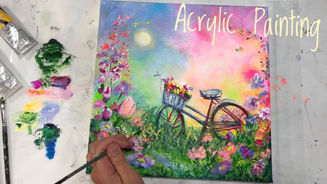 HOW TO PAINT A BIKE AND BASKET OF FLOWERS 💐 ACRYLIC TUTORIAL YouTube