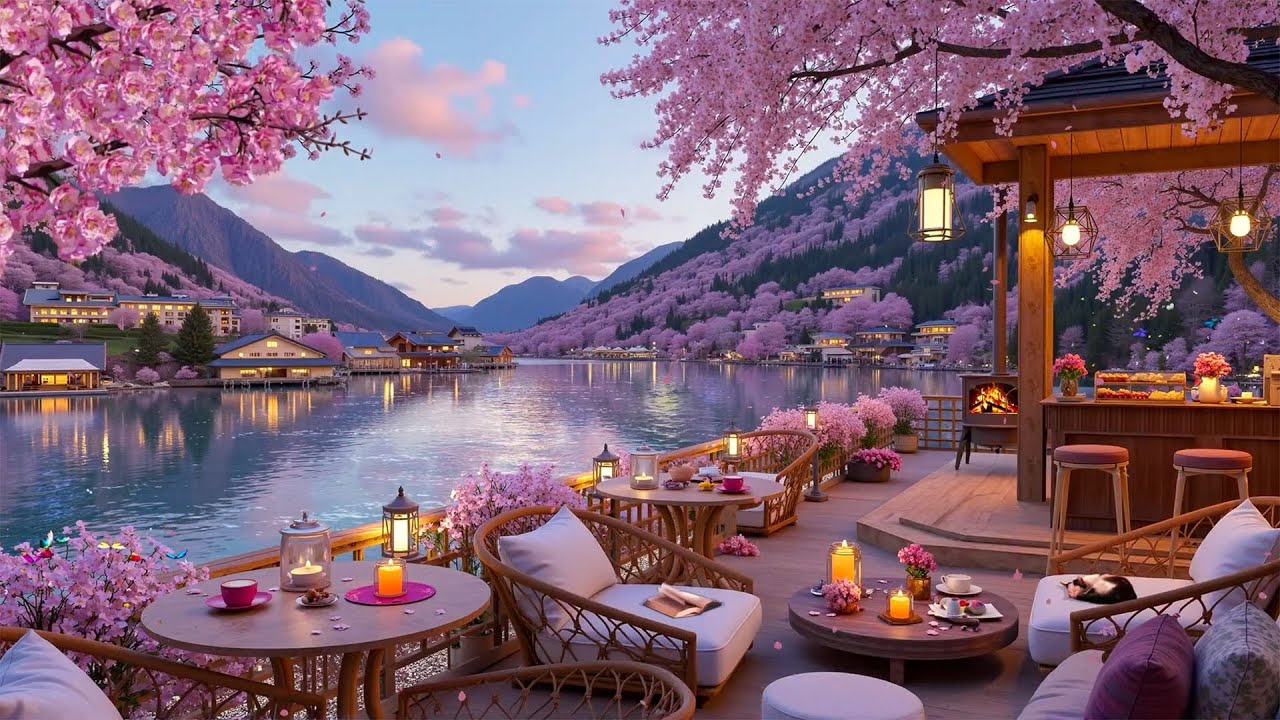 Smooth Piano Jazz at a Lakeside Spring Coffee Terrace | Cozy Ambience with Blooming Cherry Blossoms🌸