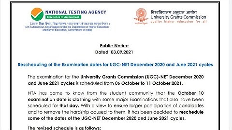 Rescheduling of the Examination dates for UGC-NET December 2020 and June 2021 cycles