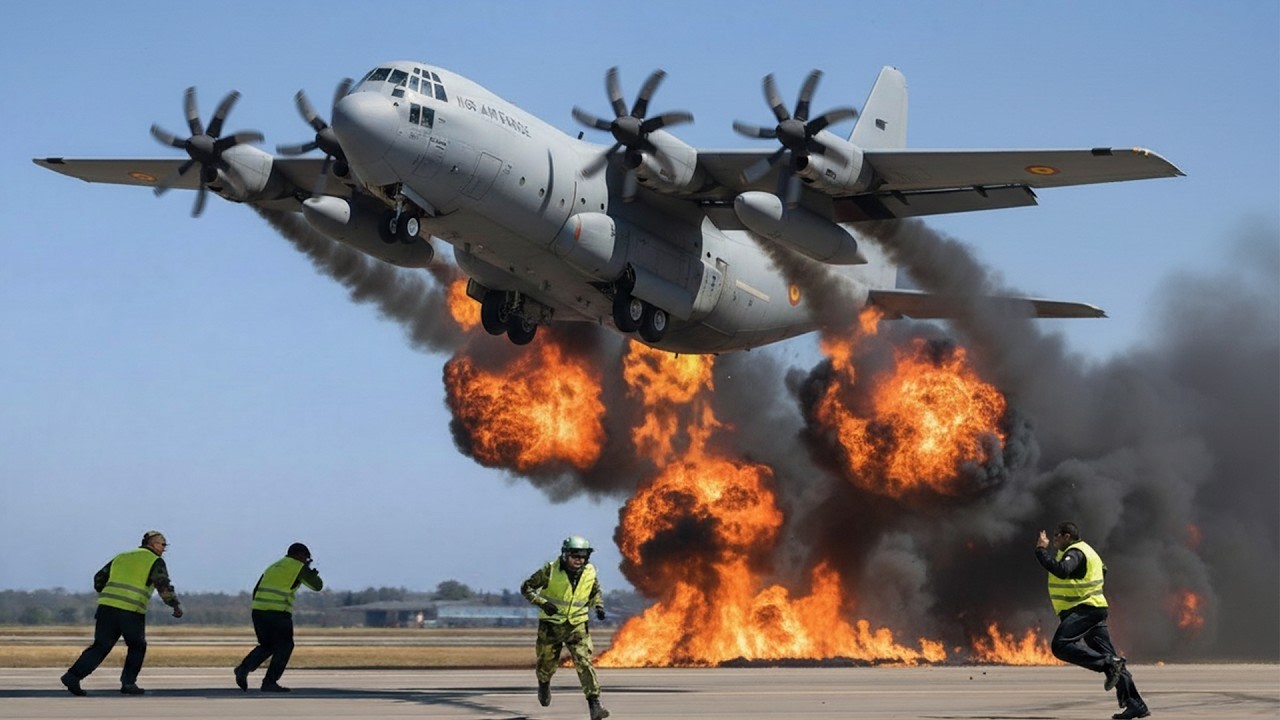Аварийный взлет! Пилот и экипаж самолета C-130J Super Hercules ВВС США на полной скорости.