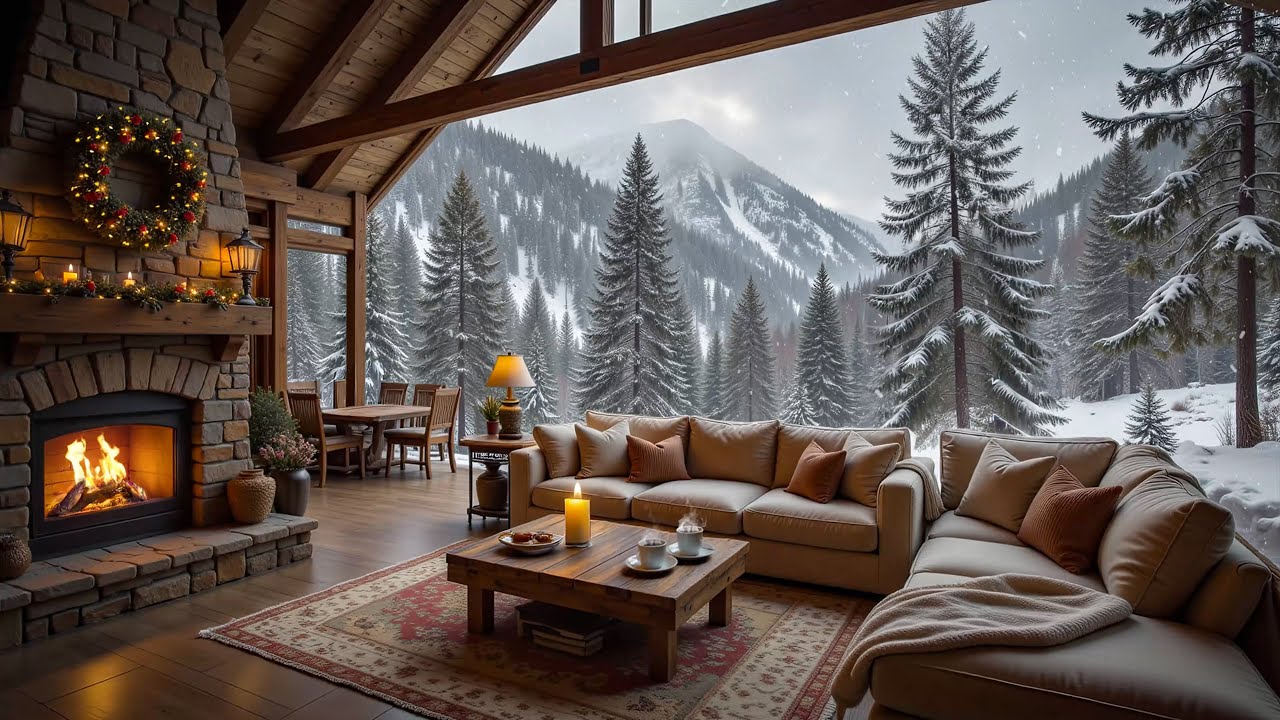 Warm Winter Cabin on Snowy Day Peaceful Ambience, Fireplace Sound with ...
