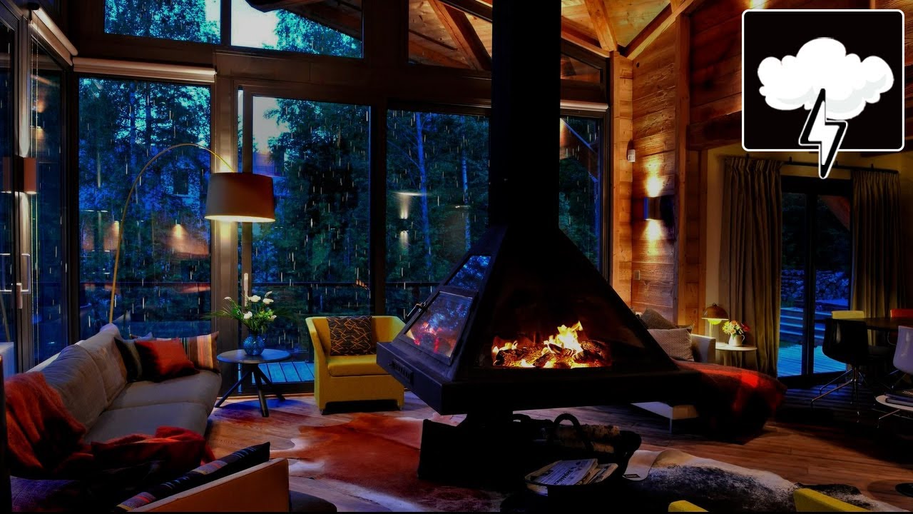 Cozy Log Cabin Ambience with Thunderstorm, Rain Sounds and Fireplace ...