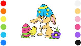 Easter Bunny Chick Friends Cute Coloring Page