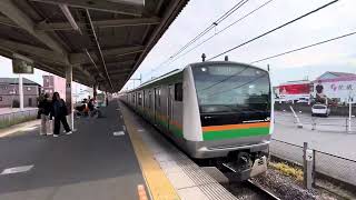 E233系3000番台E-57編成+E231系1000番台K-28編成湘南新宿ライン高崎線直通普通籠原行きがJR行田駅2番線に入線するシーン 2025.11.16