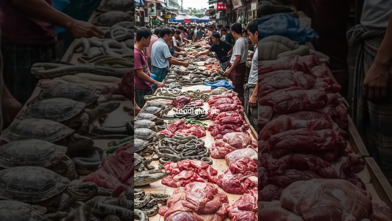 Traditional Market with Exotic Animals and Fresh Meat