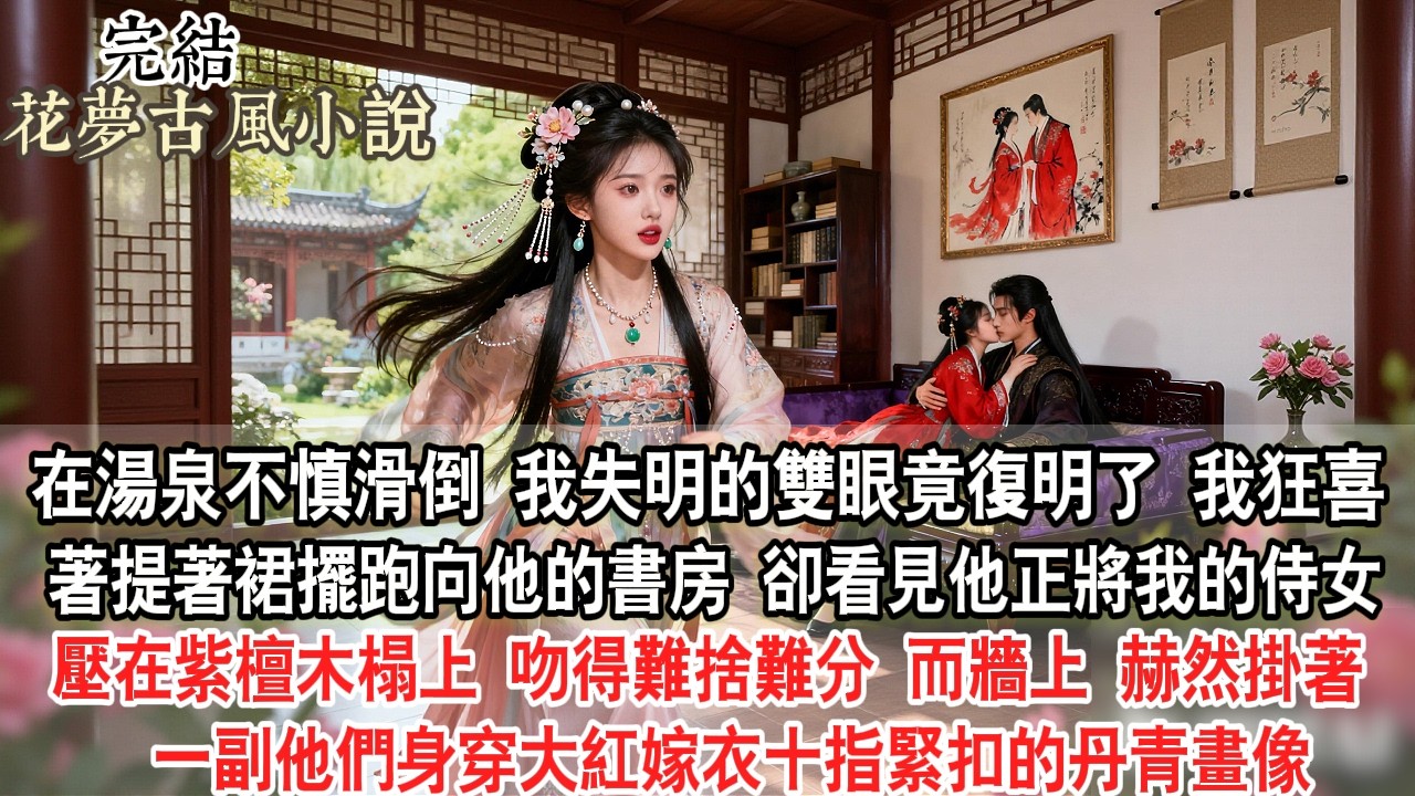 【完結爽文】在湯泉不慎滑倒 我失明的雙眼竟復明了 我狂喜著提著裙擺跑向他的書房 卻看見他正將我的貼身侍女壓在紫檀木榻上，吻得難捨難分。而牆上 赫然掛著一副他們身穿大紅嫁衣、十指緊扣的丹青畫像...