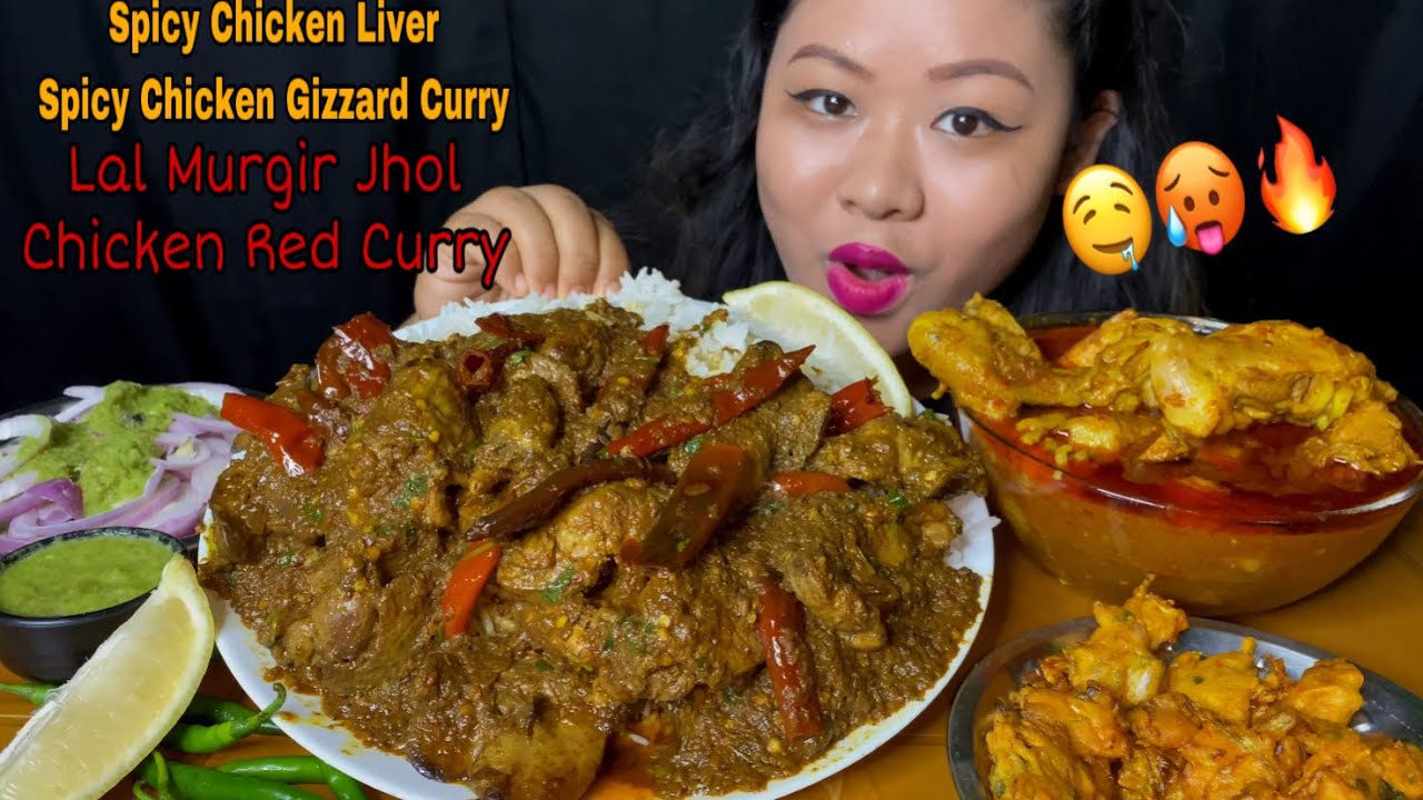 *SPICY* CHICKEN LIVER & GIZZARD CURRY, LAL MURGIR JHOL/ CHICKEN CURRY, PAKORA EATING  | ASMR MUKBANG