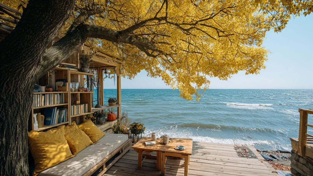 Peaceful Seaside Library | Ocean Ambience, Warm Sun & Calm Air for Mindful Reading