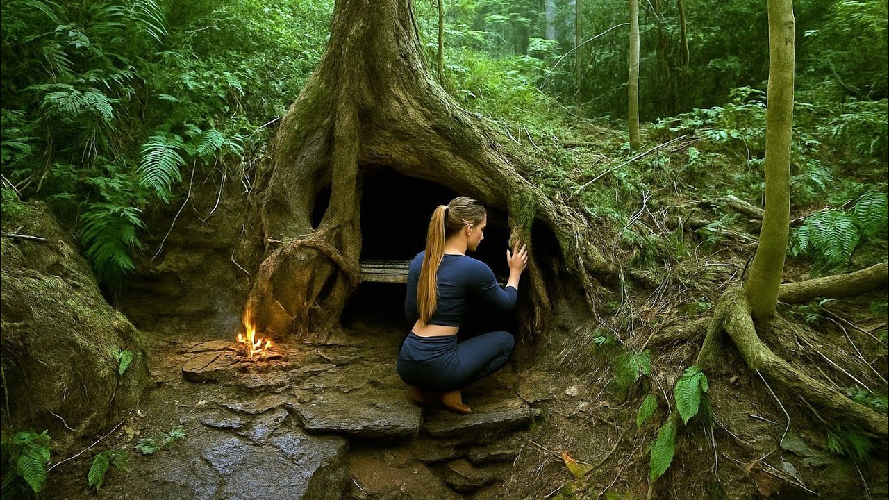 Build a shelter under a rotten tree stump - survive alone