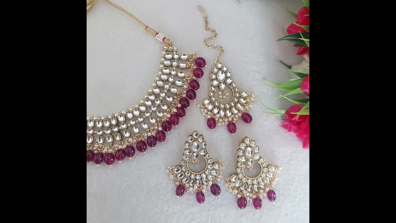 Traditional Kundan Necklace Set in Wine(Dark Purple) Color and Gold Finish JIA2081