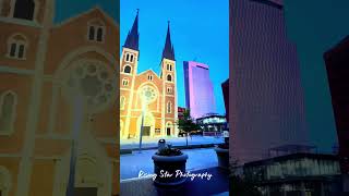Downtown Indianapolis on Capitol Ave. Pan Am building, the new Signia Hotel, and St. John’s Church.