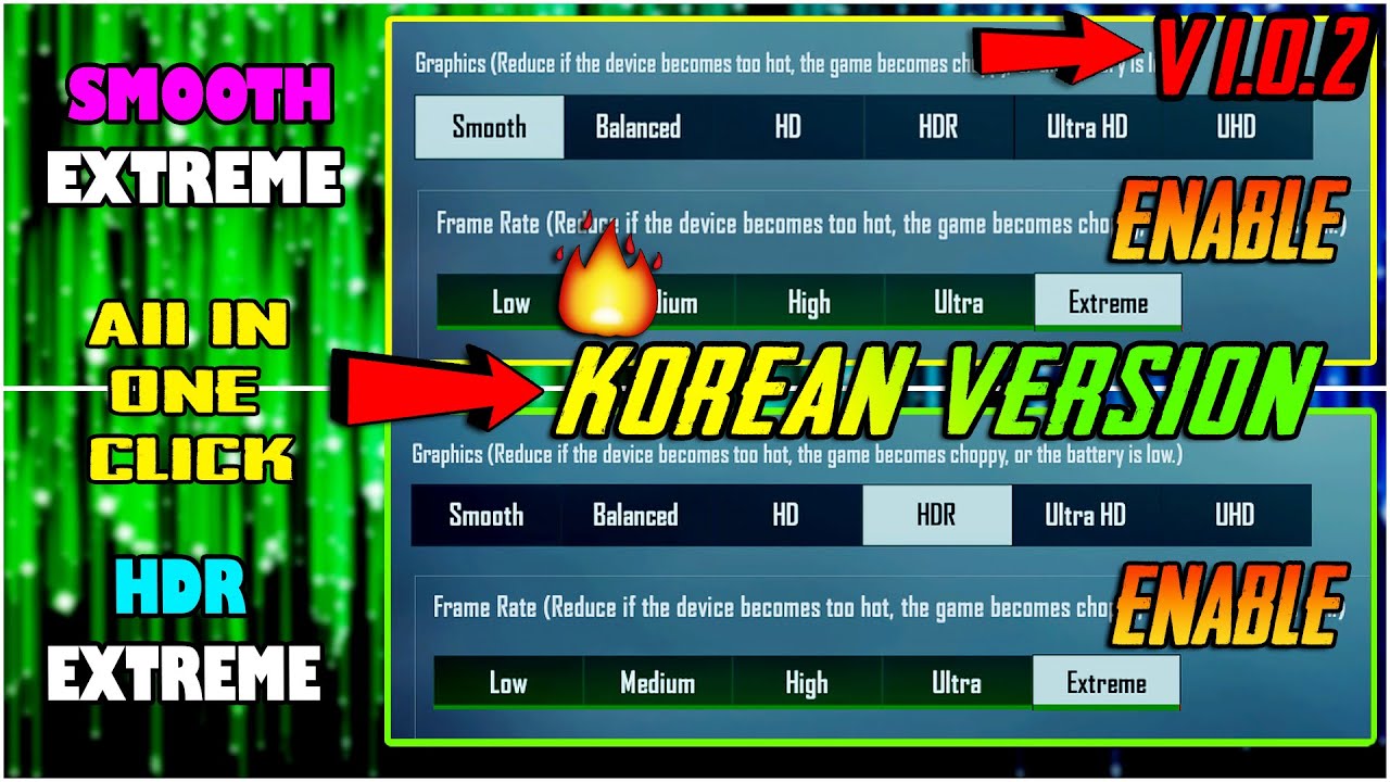 🔥😃How To Enable Smooth Extreme + HDR Extreme Graphics PUBG Mobile  Korean V1.0.2 All in one click⚡👌😃