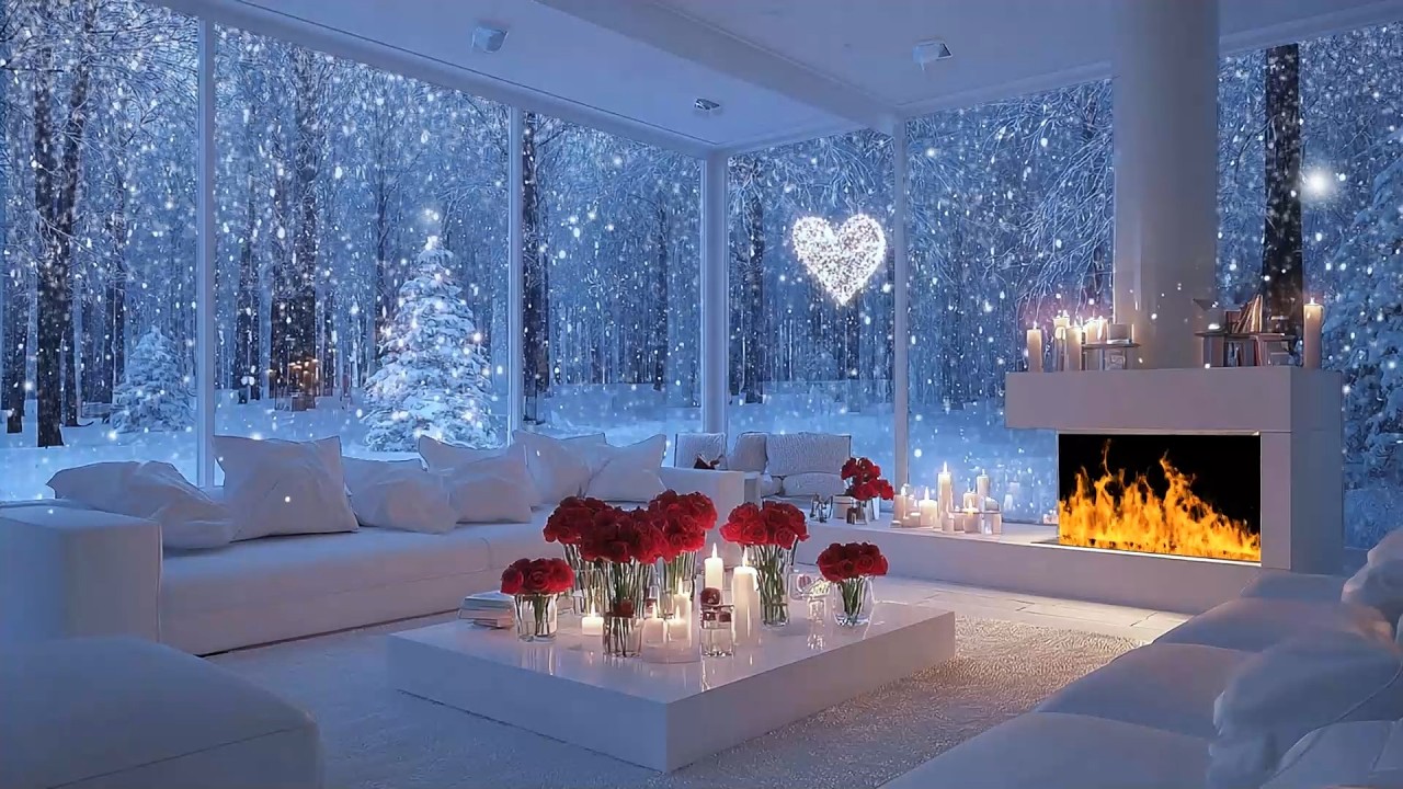 Winter Piano Lounge Ambience | Snowfall Outside & Cozy Fire | Deep Relaxation, Stress Relief
