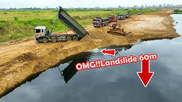Impressive, Bulldozer Skill Driver Pushing Soil Drop Into Water With Team Work Dump Trucks Unloading