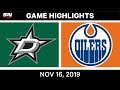 NHL Highlights | Oilers vs Stars - Nov. 16, 2019