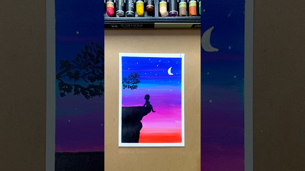 🌛Magical Moon Night cliff Scenery with Tree | Oil Pastel Drawing For Beginners 