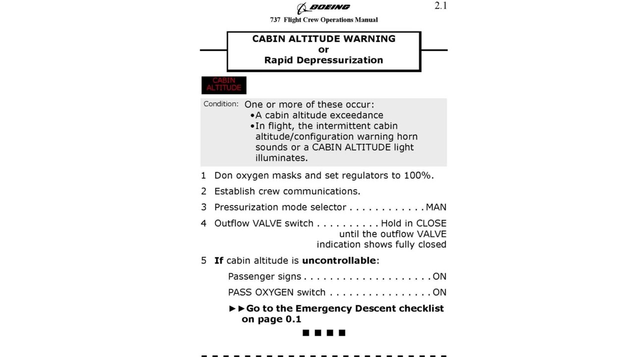 B737-8 QRH Memory Item 04 – Cabin Altitude Warning or Rapid Depressurization