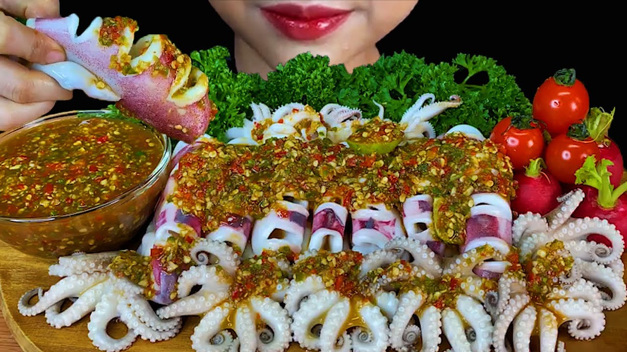 MUKBANG EATING SEAFOOD||SQUID, OCTOPUS & THAI SEAFOOD SAUCE