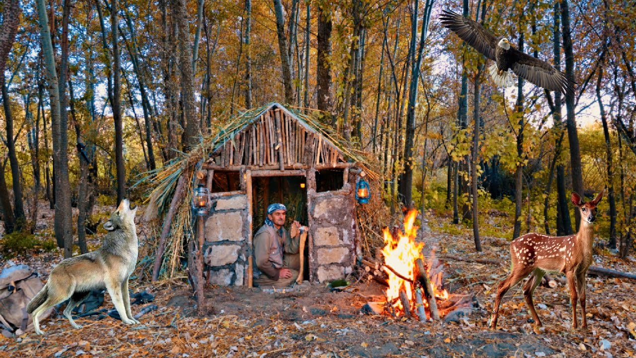 BUSHCRAFT CAMPING ; Building SURVIVAL Shelter _ solo survival camp ...