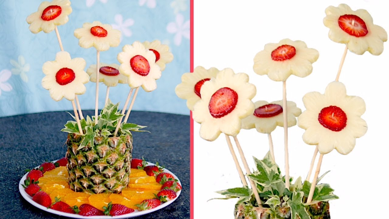 How to make PINEAPPLE and STRAWBERRY FLOWERS Fruit Carving YouTube