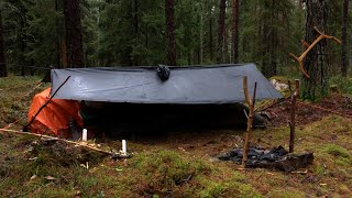 Bushcraft Winter Overnight trip - poncho shelter camping in wet windy weather, off grid, deep forest