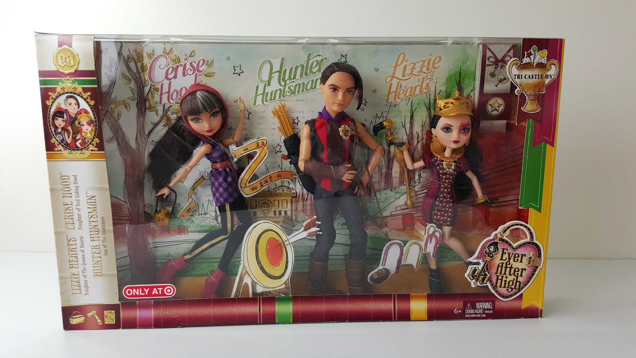 Ever After High Tri Castle On 3 Pack With Exclusive Hunter Huntsman, Cerise  Hood, and Lizzie Hearts Dolls