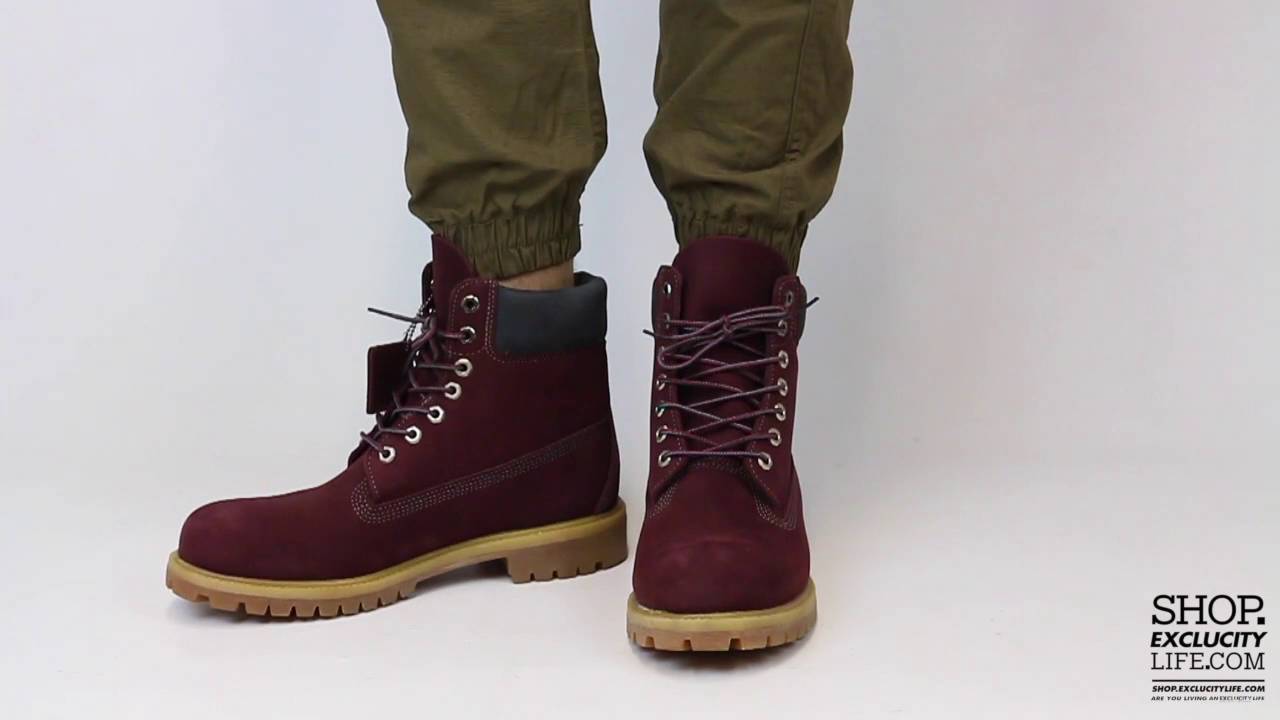 burgundy and black timberlands